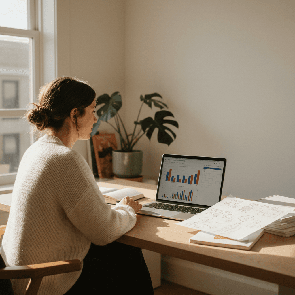 Founder reviewing business strategy documents at desk
