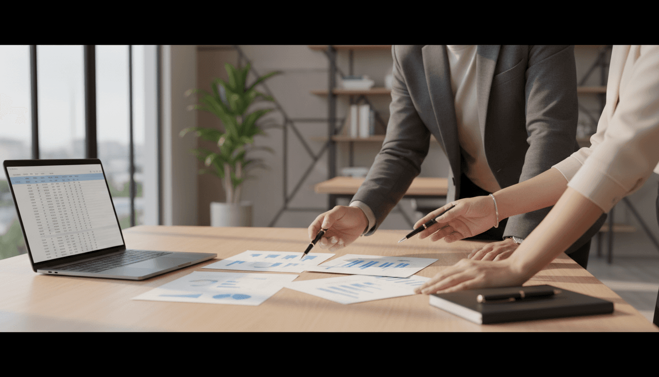 Two consultants collaborating on business strategy documents